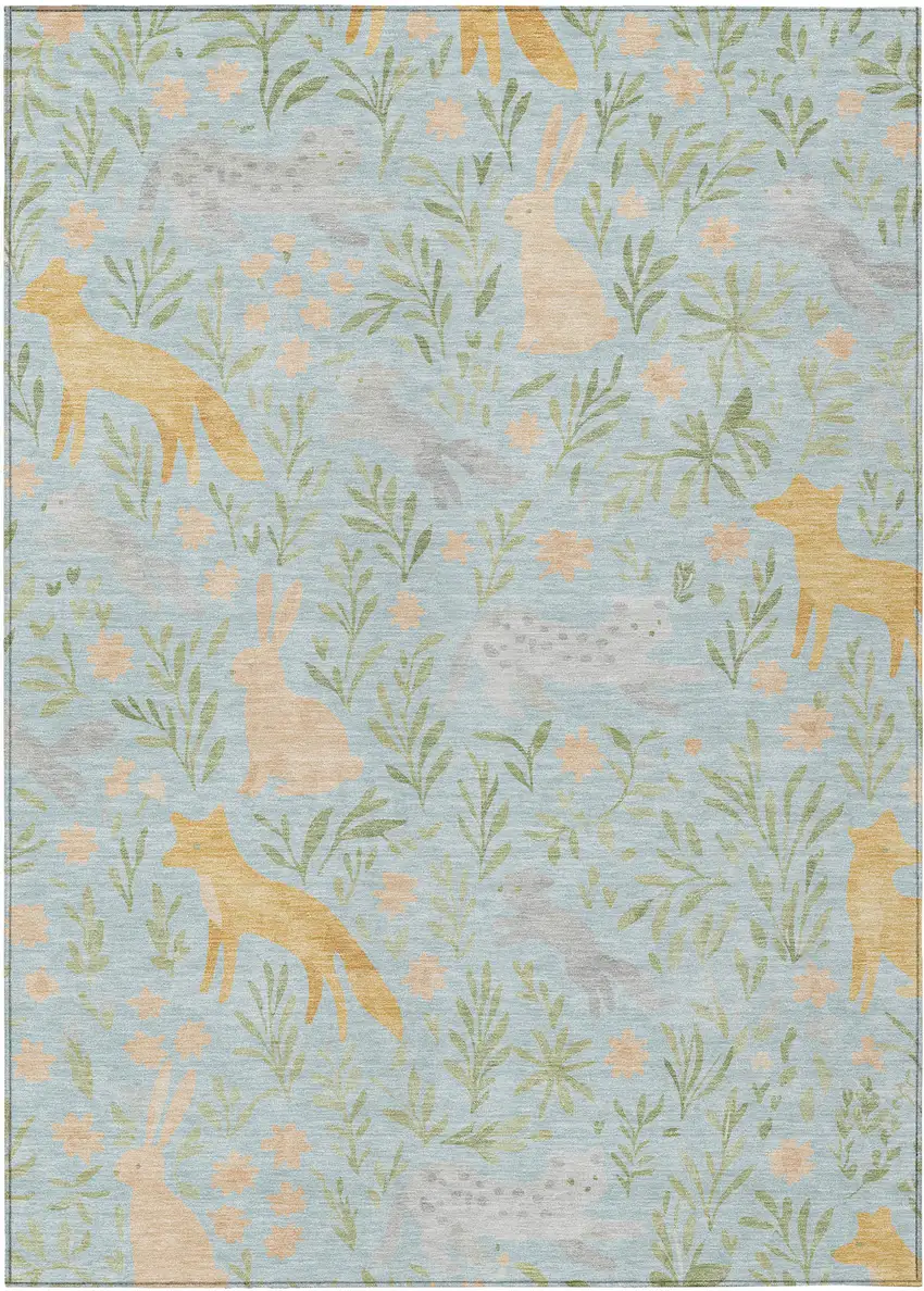 Sky Blue And Green Botanical Leaves Washable Indoor Outdoor Area Rug Photo 1