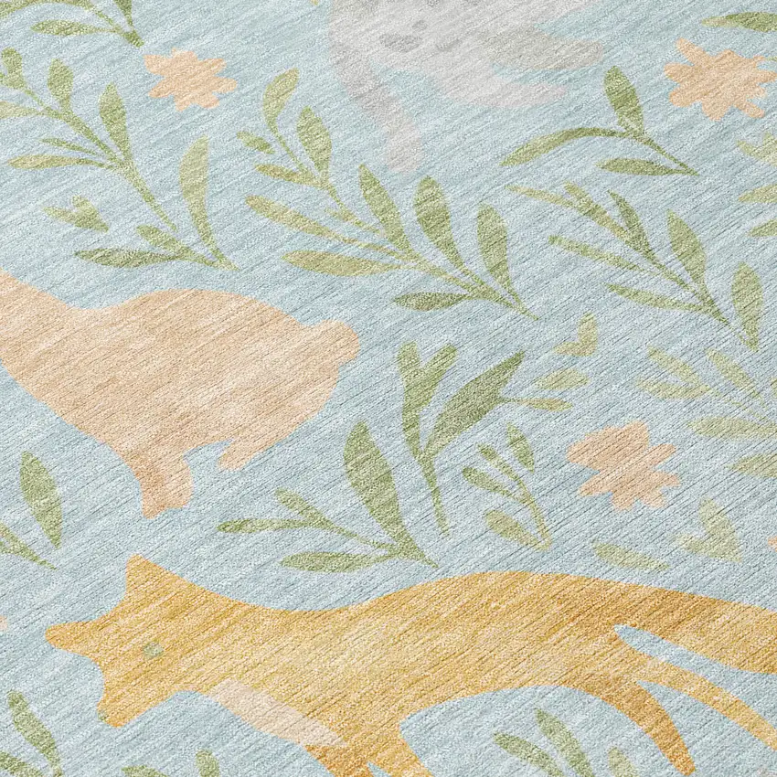 Sky Blue And Green Botanical Leaves Washable Indoor Outdoor Area Rug Photo 9