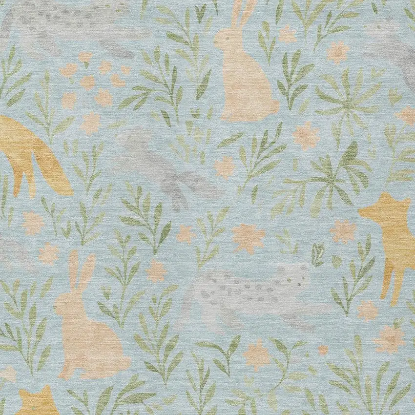 Sky Blue And Green Botanical Leaves Washable Indoor Outdoor Area Rug Photo 2