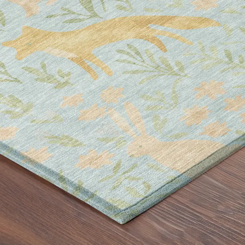 Sky Blue And Green Botanical Leaves Washable Indoor Outdoor Area Rug Photo 8