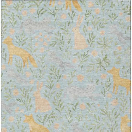 Sky Blue And Green Botanical Leaves Washable Indoor Outdoor Area Rug Photo 3