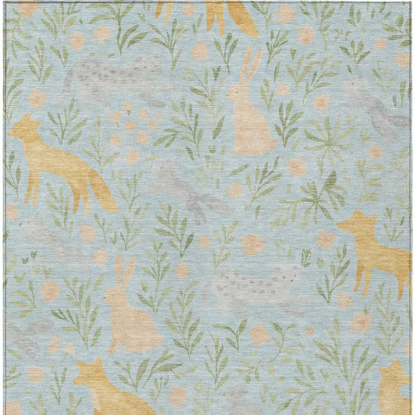 Sky Blue And Green Botanical Leaves Washable Indoor Outdoor Area Rug Photo 3