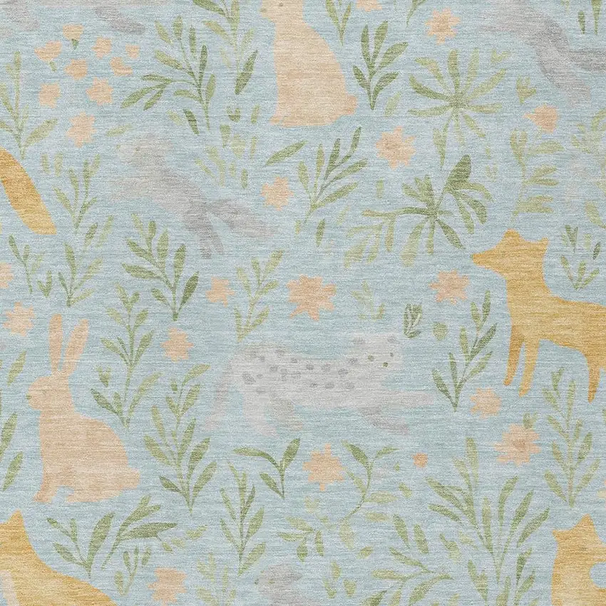 Sky Blue And Green Botanical Leaves Washable Indoor Outdoor Area Rug Photo 2