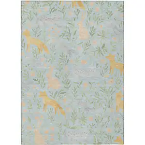 Photo of Sky Blue And Green Botanical Leaves Washable Indoor Outdoor Area Rug