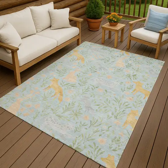 Sky Blue And Green Botanical Leaves Washable Indoor Outdoor Area Rug Photo 7