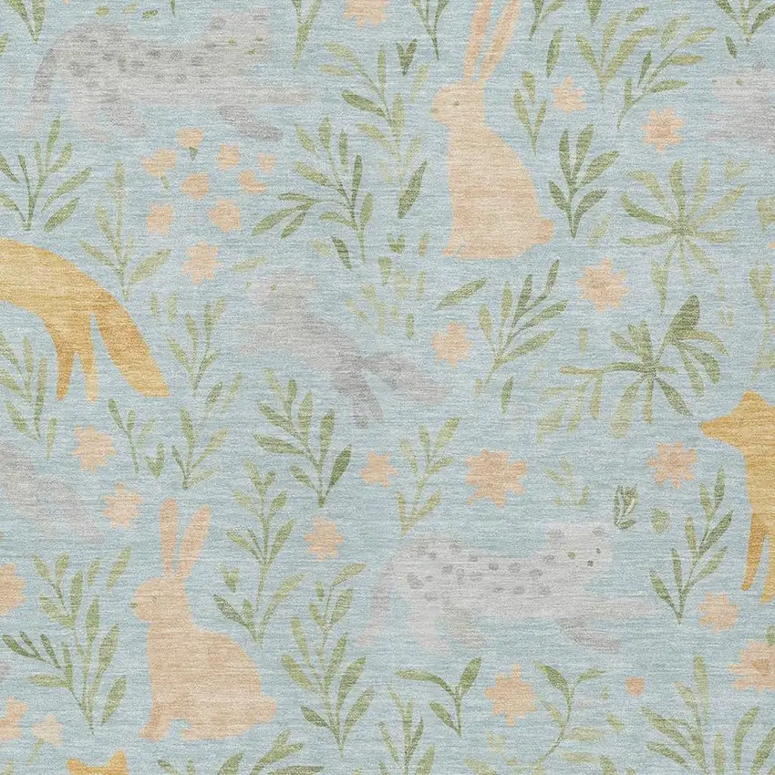 Sky Blue And Green Botanical Leaves Washable Indoor Outdoor Area Rug Photo 2