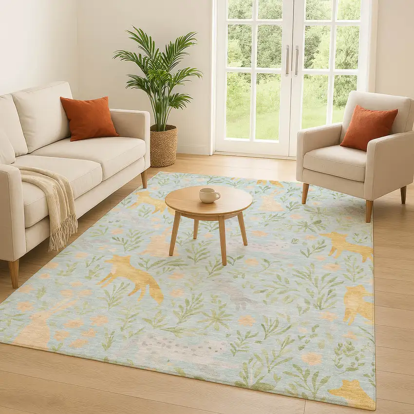 Sky Blue And Green Botanical Leaves Washable Indoor Outdoor Area Rug Photo 5