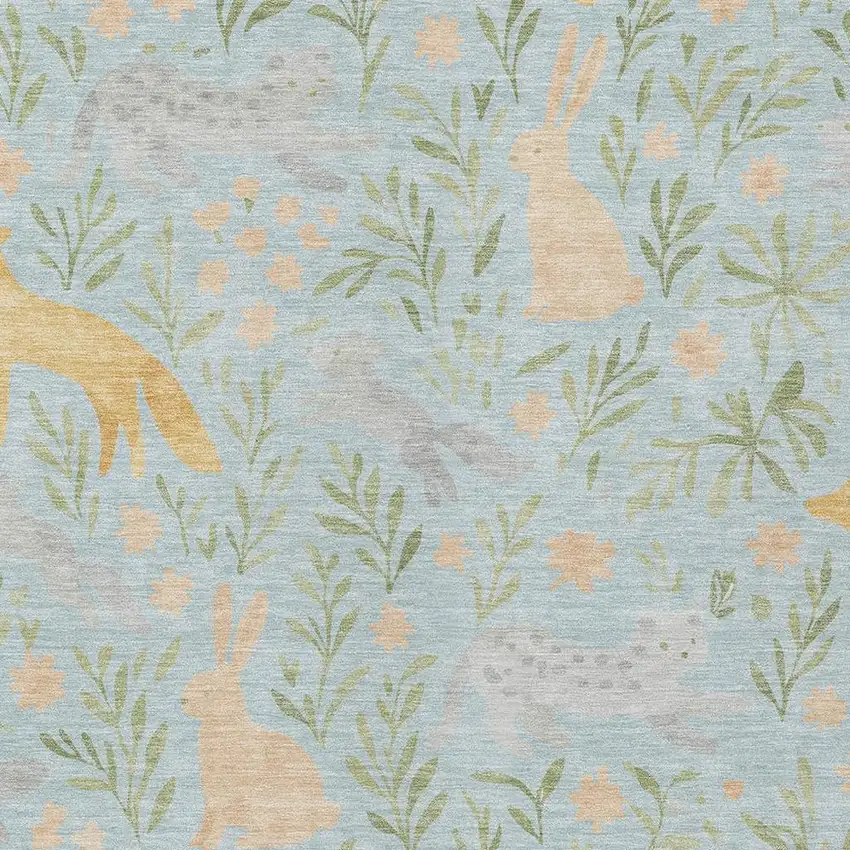 Sky Blue And Green Botanical Leaves Washable Indoor Outdoor Area Rug Photo 2