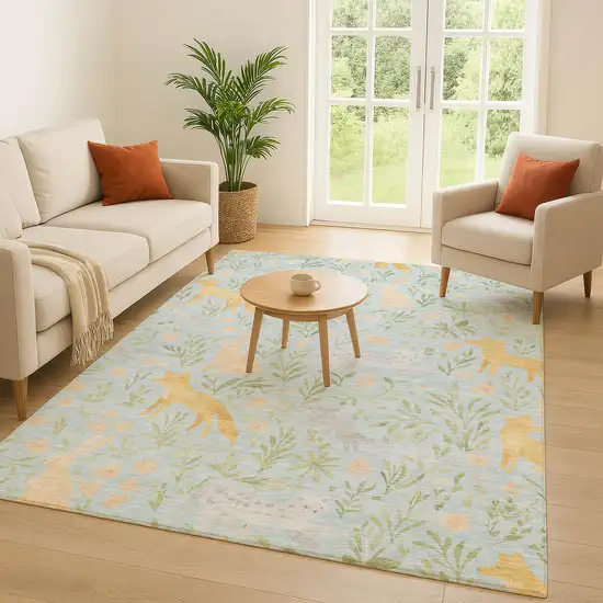 Sky Blue And Green Botanical Leaves Washable Indoor Outdoor Area Rug Photo 5