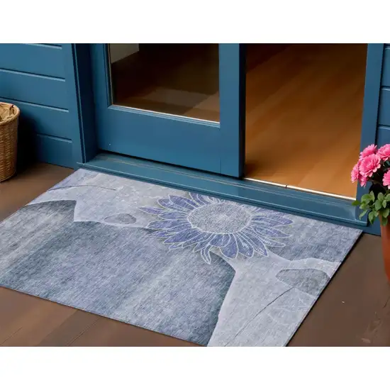 Sky Blue And Indigo Floral Washable Indoor Outdoor Area Rug Photo 1