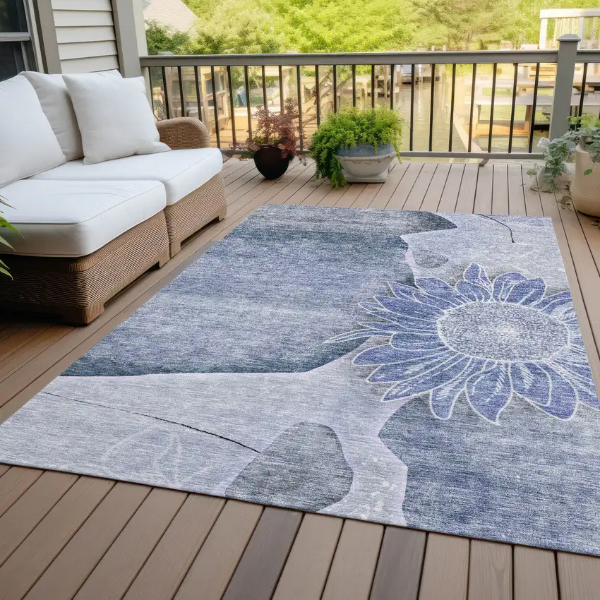 Sky Blue And Indigo Floral Washable Indoor Outdoor Area Rug Photo 7