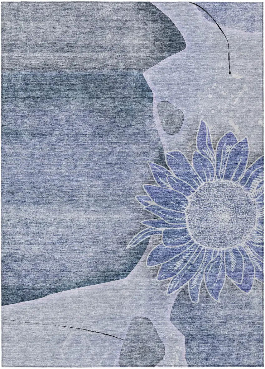 Sky Blue And Indigo Floral Washable Indoor Outdoor Area Rug Photo 1