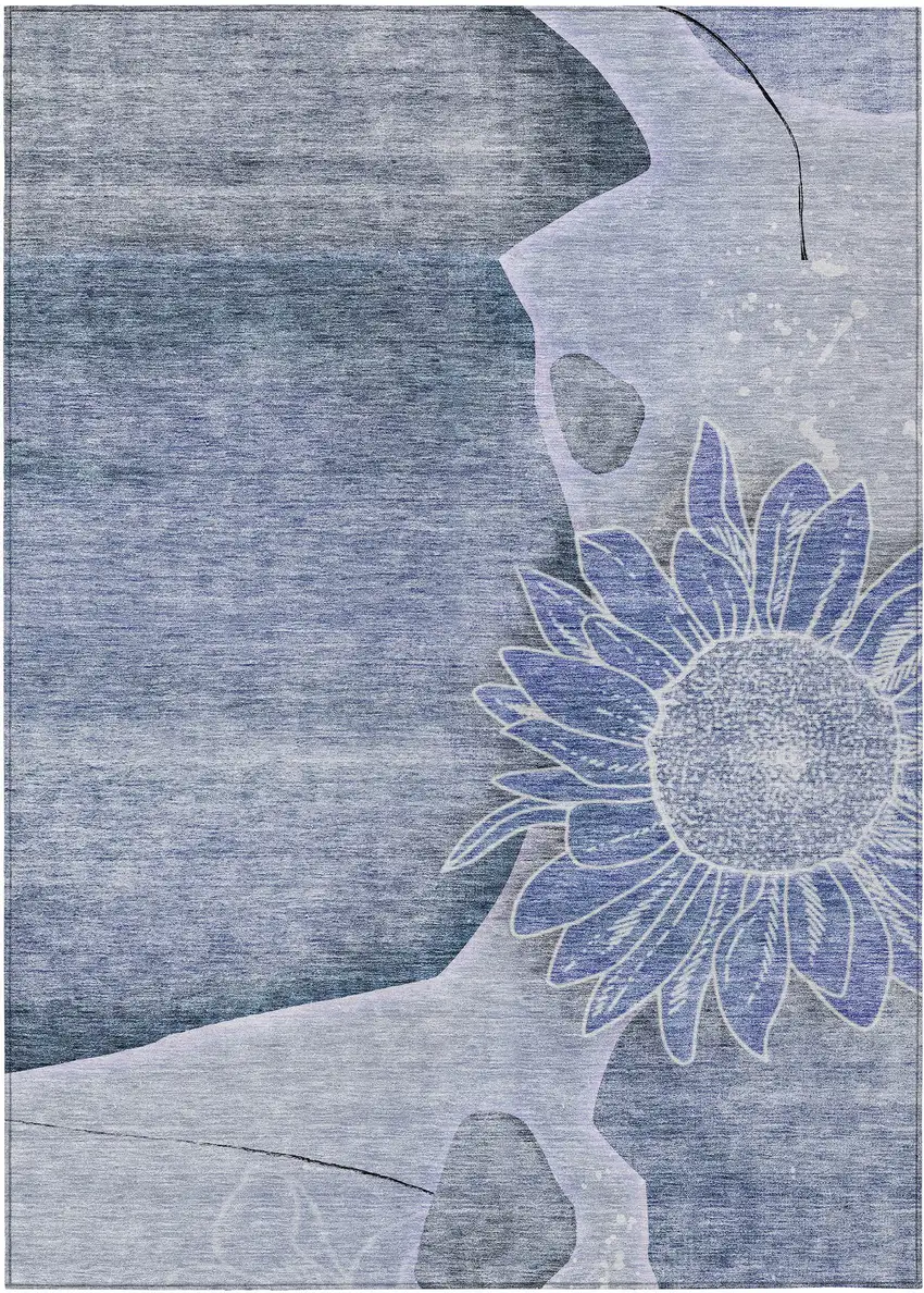 Sky Blue And Indigo Floral Washable Indoor Outdoor Area Rug Photo 1