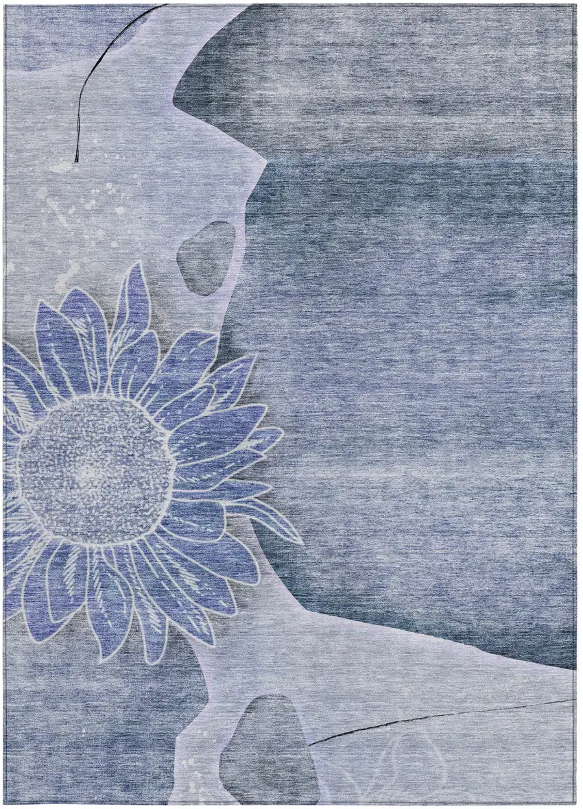 Sky Blue And Indigo Floral Washable Indoor Outdoor Area Rug Photo 6