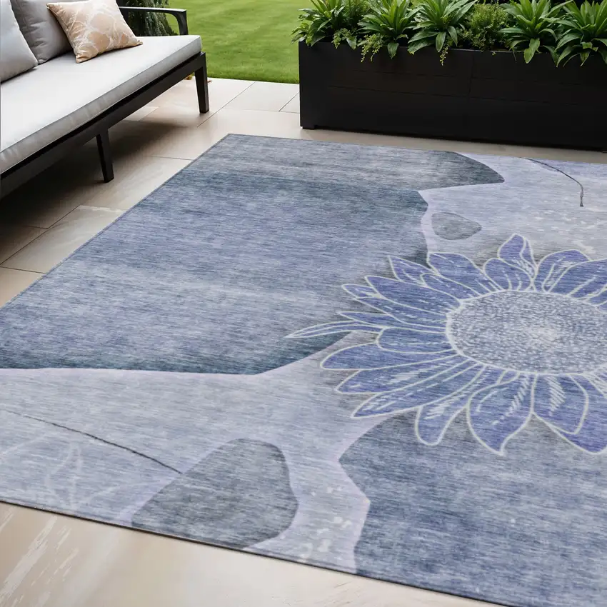 Sky Blue And Indigo Floral Washable Indoor Outdoor Area Rug Photo 1