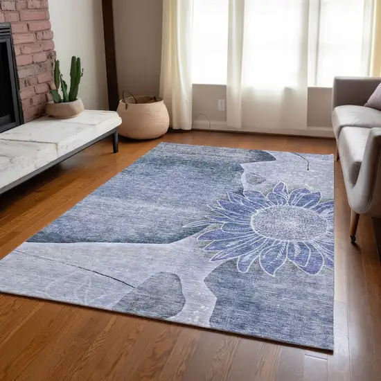 Sky Blue And Indigo Floral Washable Indoor Outdoor Area Rug Photo 9