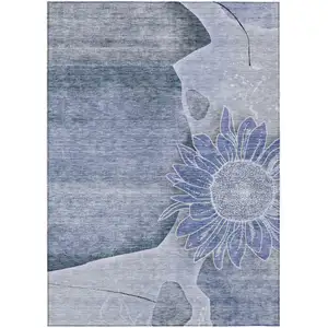 Photo of Sky Blue And Indigo Floral Washable Indoor Outdoor Area Rug
