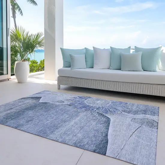 Sky Blue And Indigo Floral Washable Indoor Outdoor Area Rug Photo 9