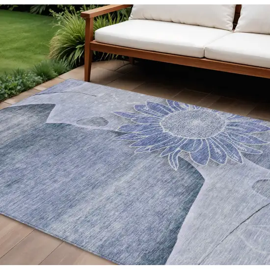 Sky Blue And Indigo Floral Washable Indoor Outdoor Area Rug Photo 1