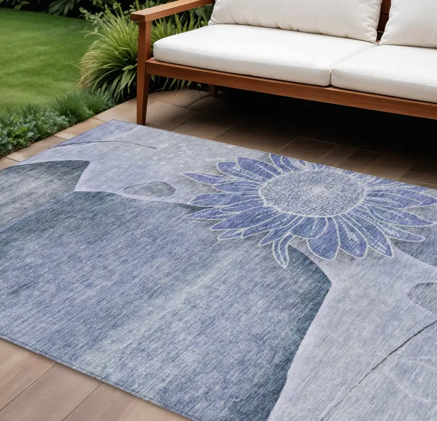 Sky Blue And Indigo Floral Washable Indoor Outdoor Area Rug Photo 1