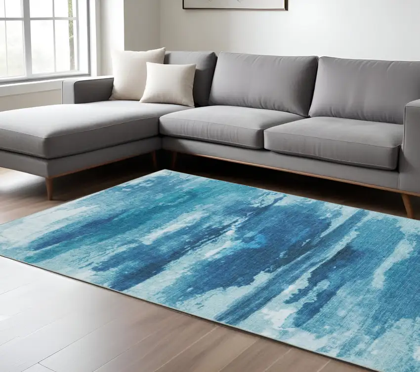 Sky Blue And Ivory Abstract Distressed Area Rug Photo 1