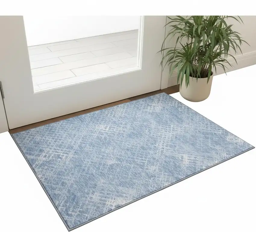 Sky Blue And Ivory Abstract Geometric Washable Area Rug With UV Protection Photo 2