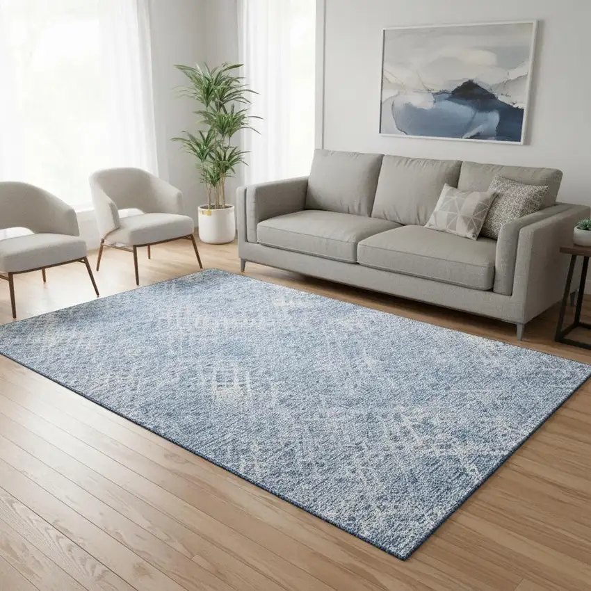 Sky Blue And Ivory Abstract Geometric Washable Area Rug With UV Protection Photo 2