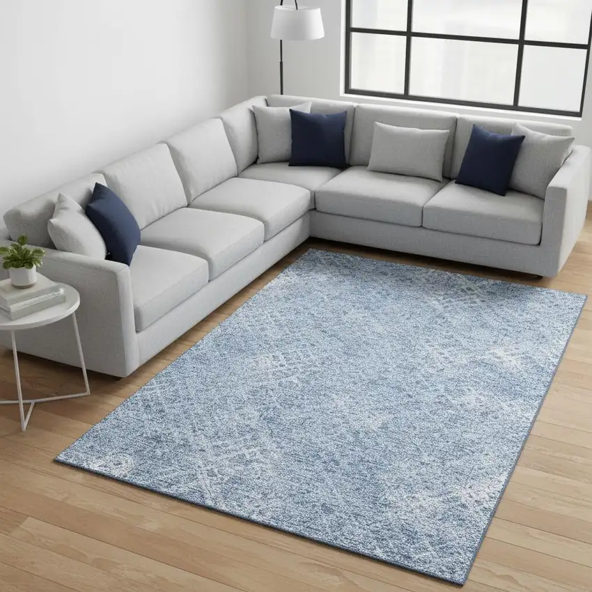 Sky Blue And Ivory Abstract Geometric Washable Area Rug With UV Protection Photo 2