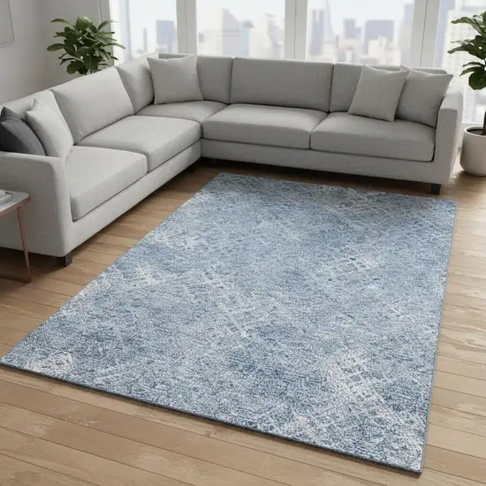 Sky Blue And Ivory Abstract Geometric Washable Area Rug With UV Protection Photo 2