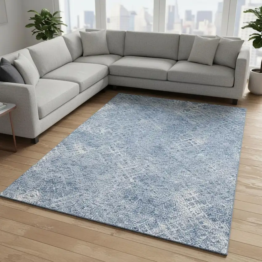 Sky Blue And Ivory Abstract Geometric Washable Area Rug With UV Protection Photo 2