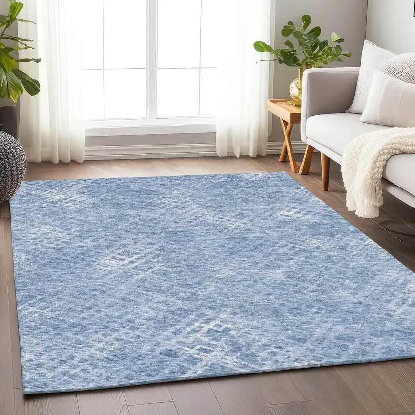 Sky Blue And Ivory Abstract Geometric Washable Area Rug With UV Protection Photo 6