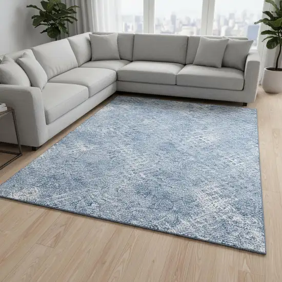 Sky Blue And Ivory Abstract Geometric Washable Area Rug With UV Protection Photo 2