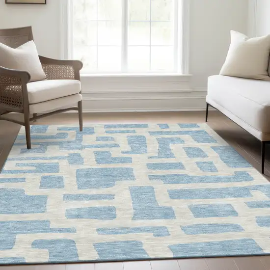 Sky Blue And Ivory Abstract Geometric Washable Area Rug With UV Protection Photo 6