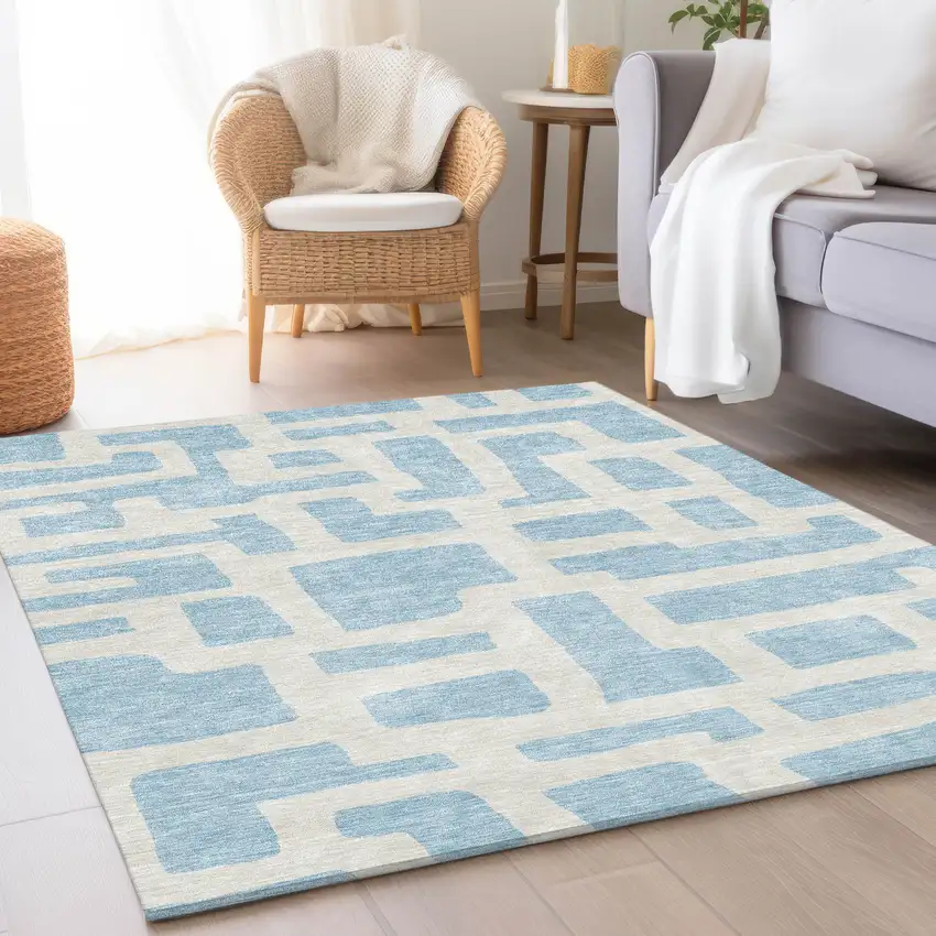 Sky Blue And Ivory Abstract Geometric Washable Area Rug With UV Protection Photo 6