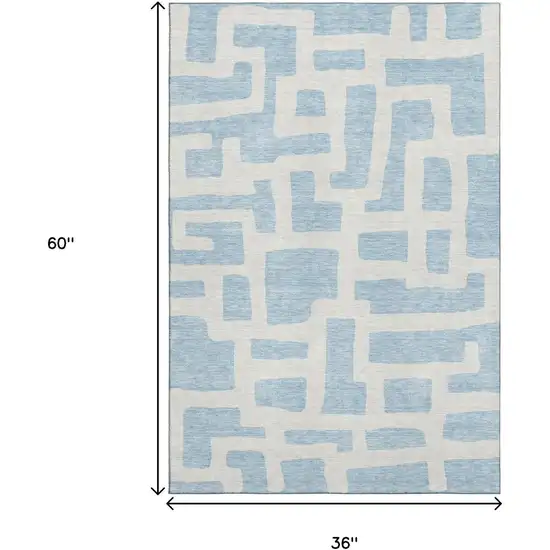 Sky Blue And Ivory Abstract Geometric Washable Area Rug With UV Protection Photo 3