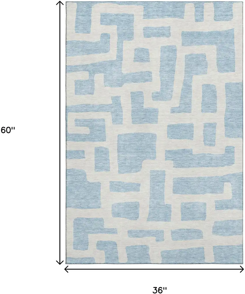 Sky Blue And Ivory Abstract Geometric Washable Area Rug With UV Protection Photo 3