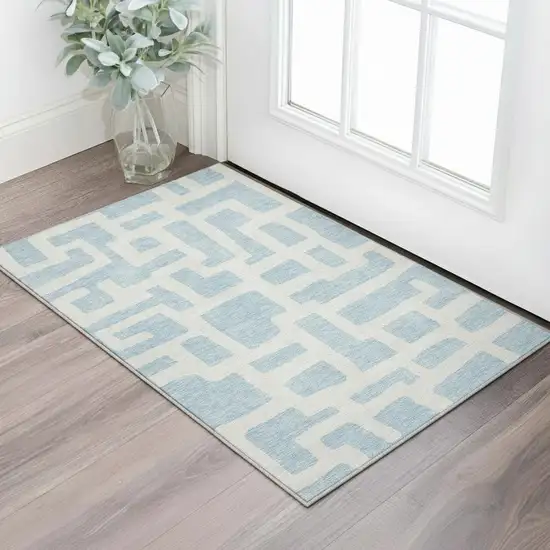 Sky Blue And Ivory Abstract Geometric Washable Area Rug With UV Protection Photo 2