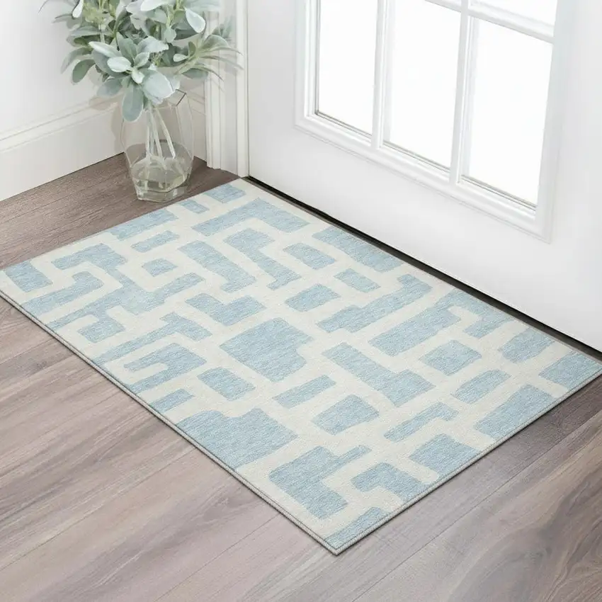 Sky Blue And Ivory Abstract Geometric Washable Area Rug With UV Protection Photo 2