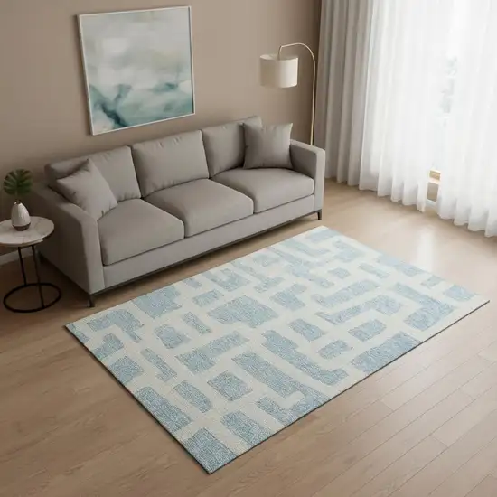 Sky Blue And Ivory Abstract Geometric Washable Area Rug With UV Protection Photo 2