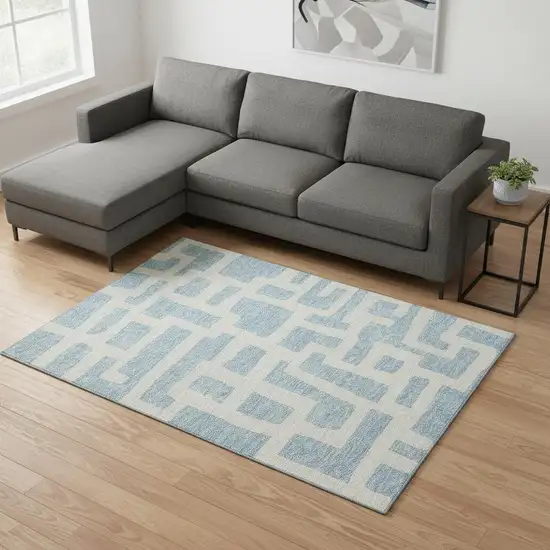Sky Blue And Ivory Abstract Geometric Washable Area Rug With UV Protection Photo 2