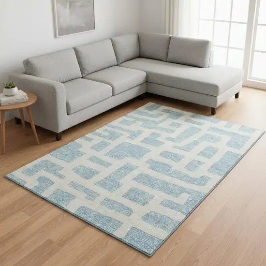 Sky Blue And Ivory Abstract Geometric Washable Area Rug With UV Protection Photo 2