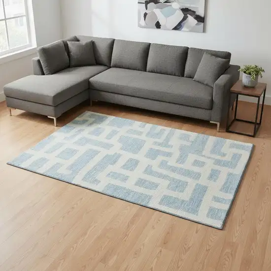 Sky Blue And Ivory Abstract Geometric Washable Area Rug With UV Protection Photo 2