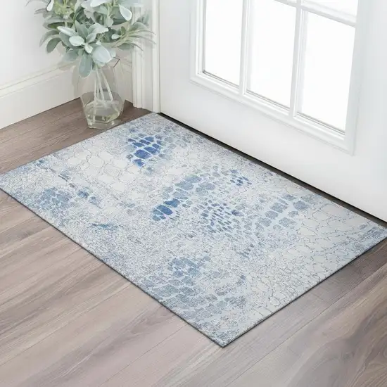 Sky Blue And Ivory Abstract Geometric Washable Area Rug With UV Protection Photo 2