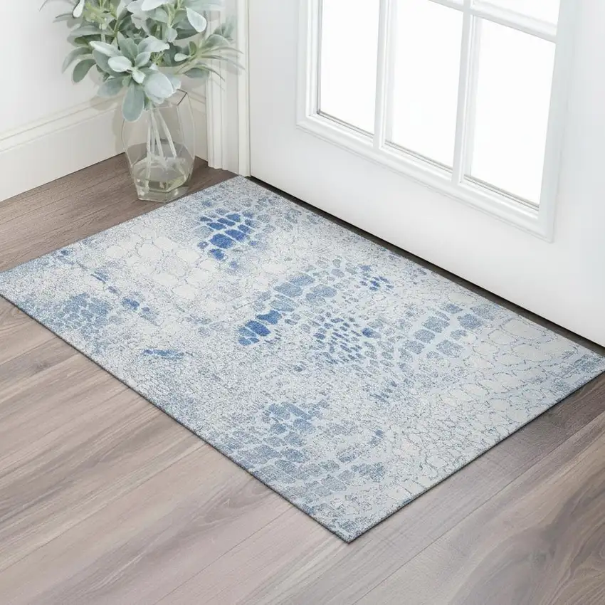 Sky Blue And Ivory Abstract Geometric Washable Area Rug With UV Protection Photo 2