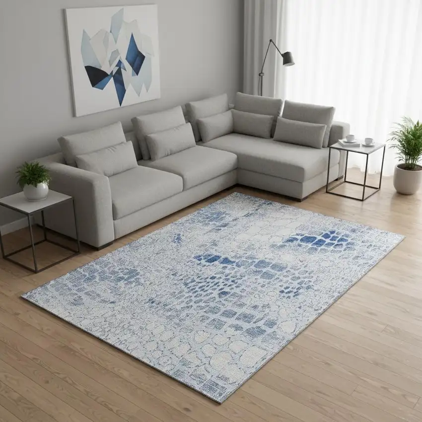 Sky Blue And Ivory Abstract Geometric Washable Area Rug With UV Protection Photo 2