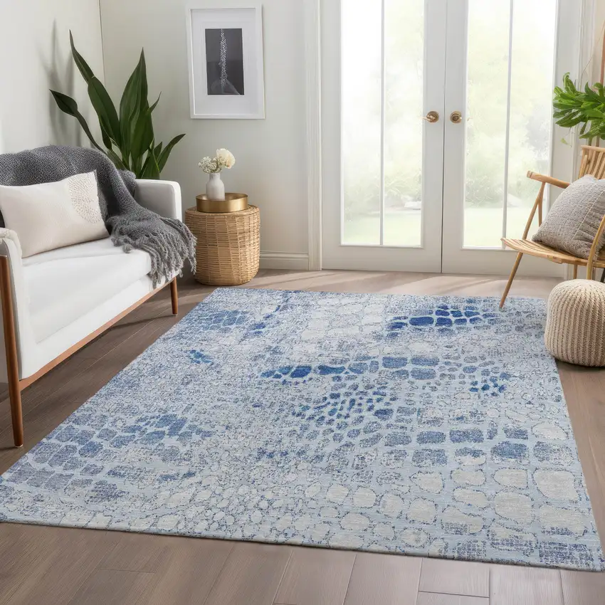 Sky Blue And Ivory Abstract Geometric Washable Area Rug With UV Protection Photo 4