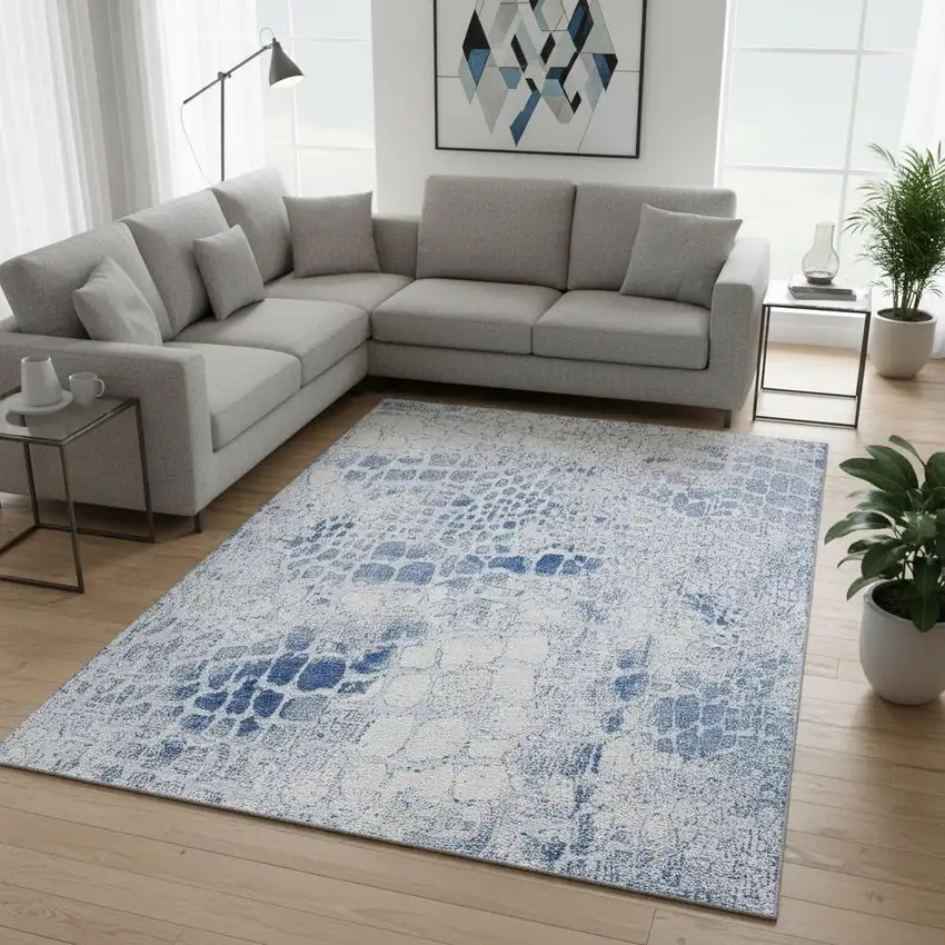 Sky Blue And Ivory Abstract Geometric Washable Area Rug With UV Protection Photo 2