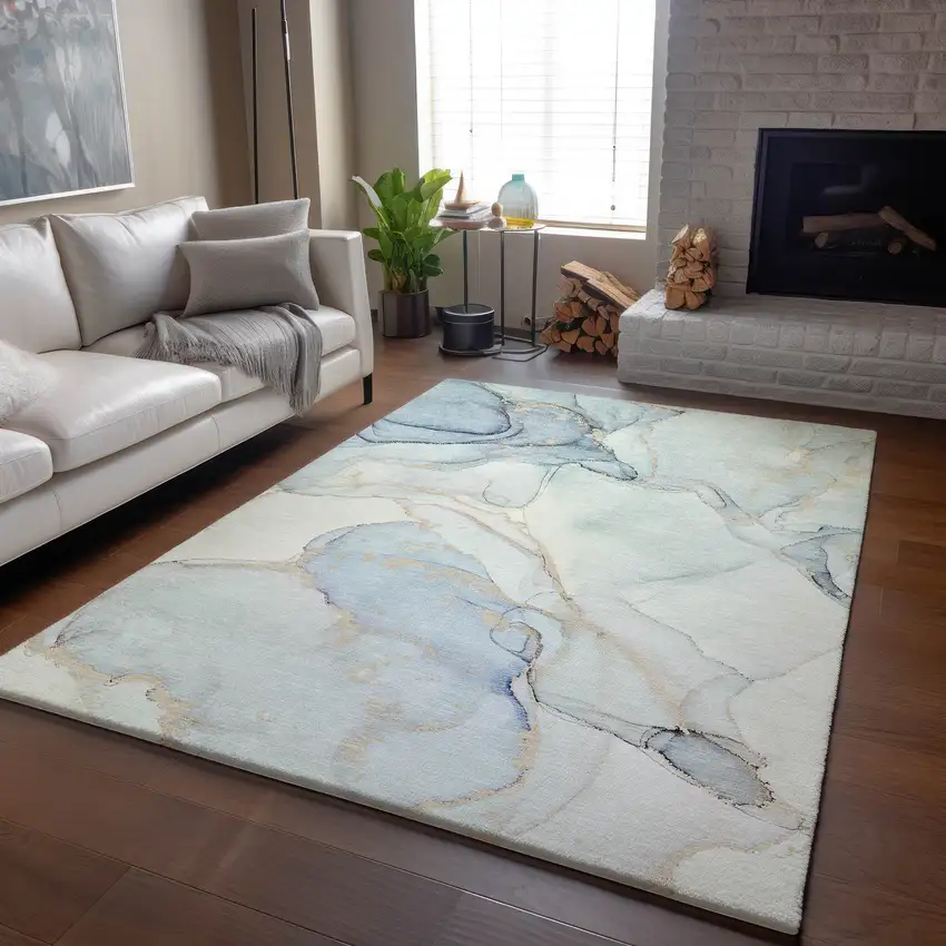 Sky Blue And Ivory Abstract Washable Area Rug With UV Protection Photo 7