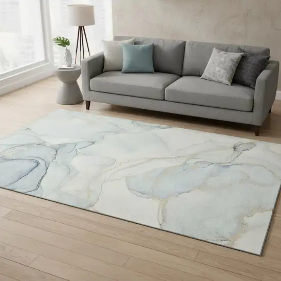 Sky Blue And Ivory Abstract Washable Area Rug With UV Protection Photo 2