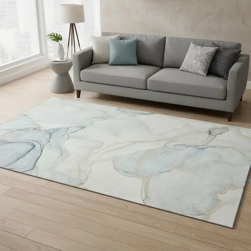 Sky Blue And Ivory Abstract Washable Area Rug With UV Protection Photo 2